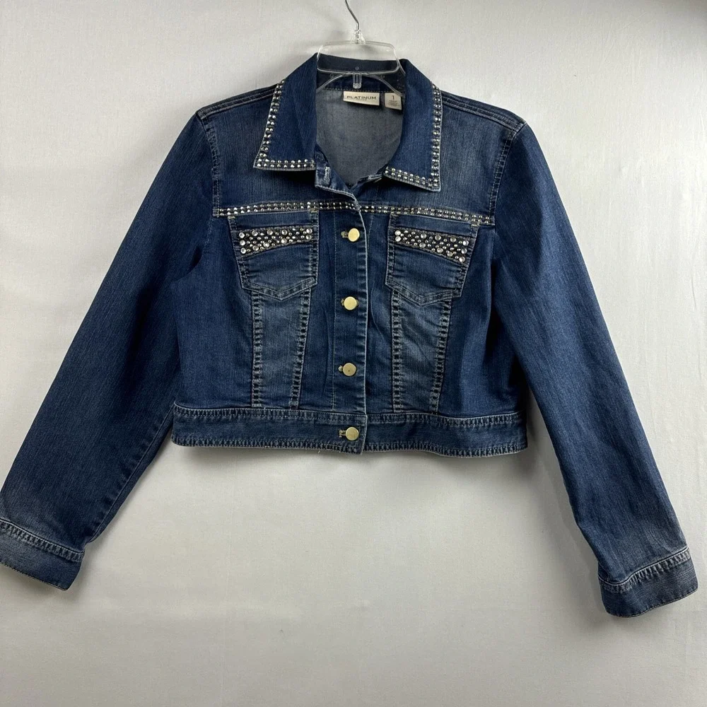 Chicos 1 Platinum Denim Jacket Womens Cropped Rhinestone Bling size Medium - Picture 1 of 12